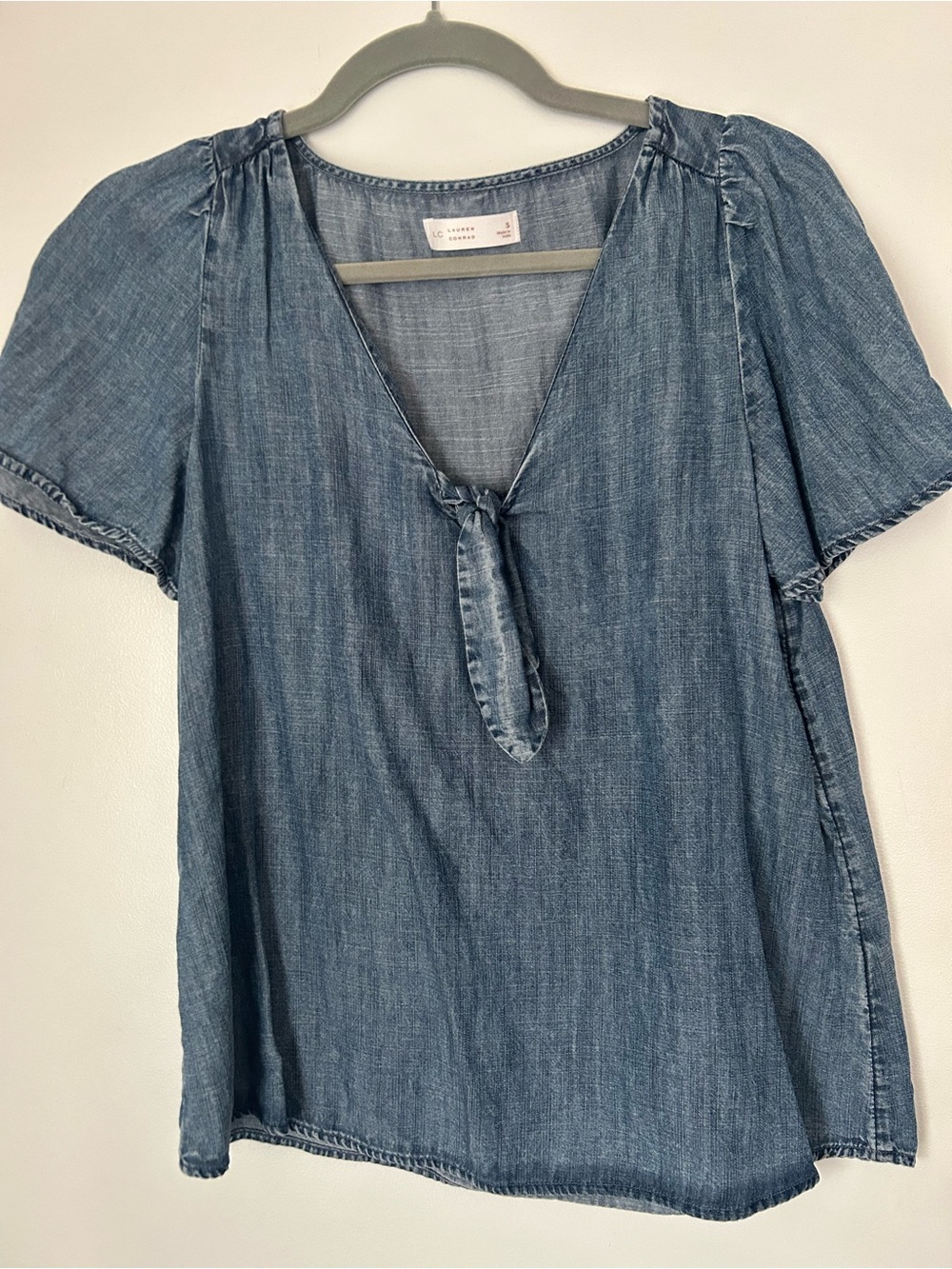 LC Lauren Conrad Denim-Look Tie Front Short Sleeve Top - Blue
